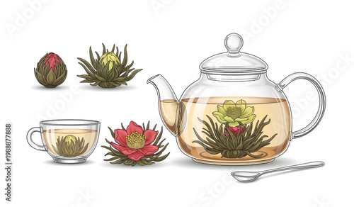 Collection of Tea infuser in teapot and cup.