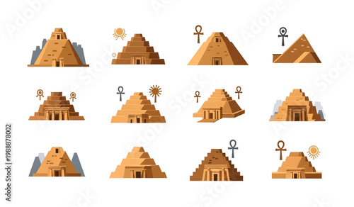 Collection of Egyptian Pyramids with Ancient Symbols.
