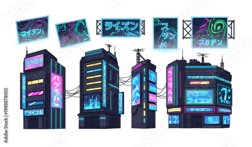 Collection of Neon city buildings with colorful signs.