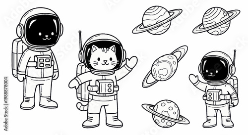 Cute Astronaut Cats and Planets Outline Illustration Set.