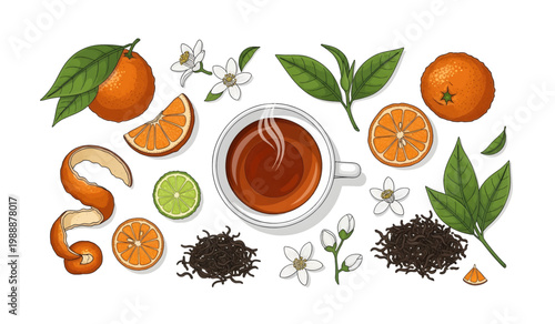Collection of Tea with oranges and green leaves.