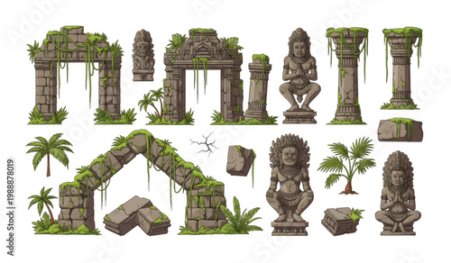 Collection of Ancient stone temple ruins structures.