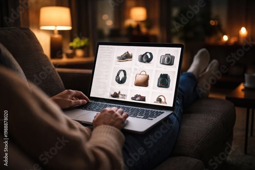 Woman browsing e-commerce product pages on laptop in cozy evening home setting with warm lighting