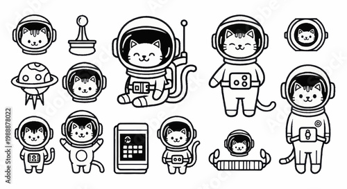 Cute Astronaut Cats in Space Suits and Helmets with Space Elements.