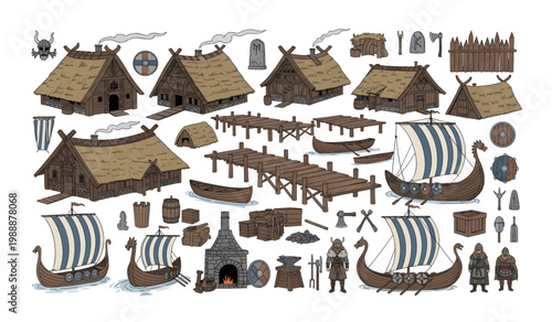 Collection of Viking ships and village houses.