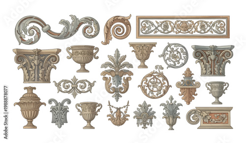 Collection of ornate architectural decorative elements.