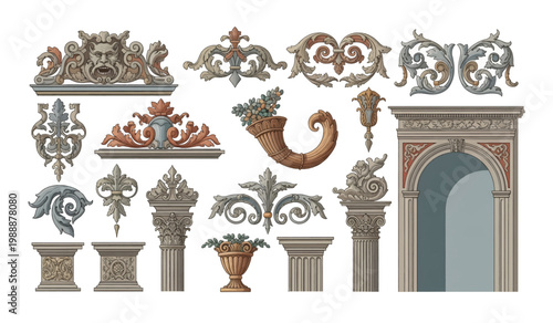 Collection of Ornate Architectural Decorative Elements Details.