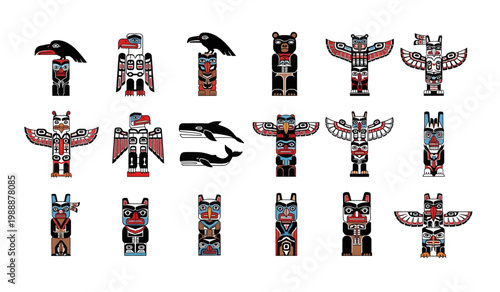 Collection of Totem pole animal figures carved wood.