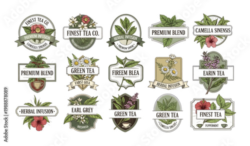 Collection of Tea and herbal infusions labels set.