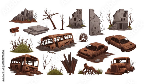Collection of Rusty abandoned vehicles and buildings wreckage.