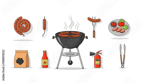 Collection of Barbecue grill with food items.