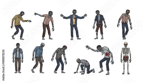 Collection of Zombies in various poses walking.