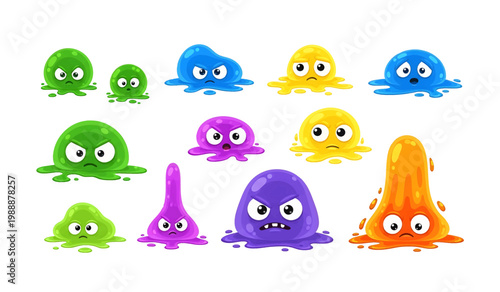 Collection of Colorful cartoon slime characters smiling.