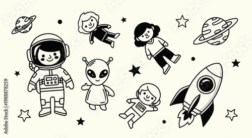 Cute Cartoon Space Exploration Doodles with Astronauts Aliens and Rockets.