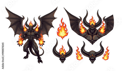 Black devil creature with wings and flames Character sheet