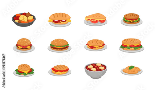 Collection of Variety of burgers and sandwiches displayed.