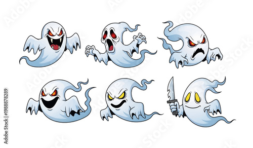 Collection of Cartoon ghosts with different expressions.