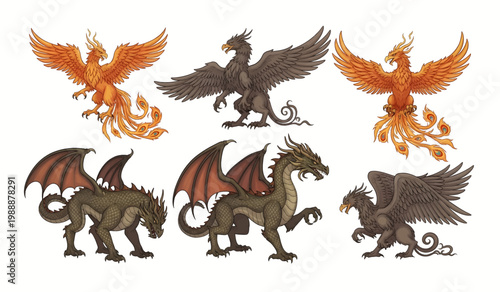 Collection of Mythical creatures with dragon wings.
