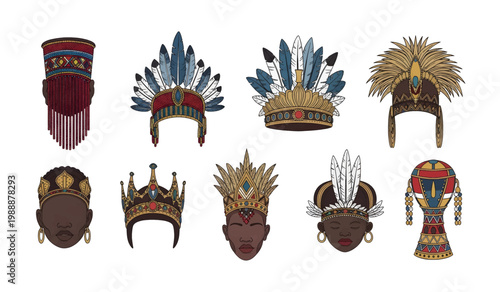 Collection of Headdresses from various cultures displayed.