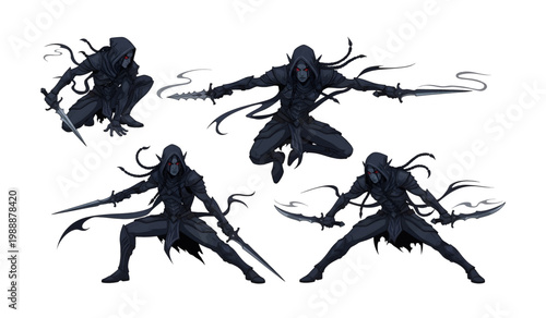Collection of Silhouette of four female ninjas fighting.