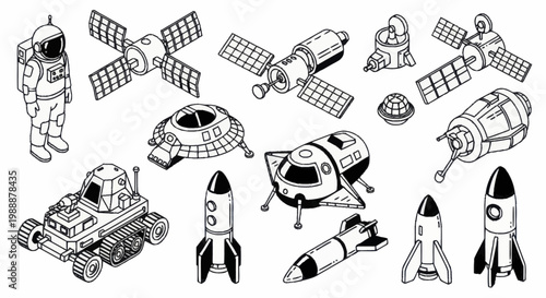 Detailed collection of space exploration vehicles and astronaut in outline style.