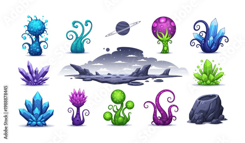 Collection of Colorful Alien Plants and Fungi Variety.