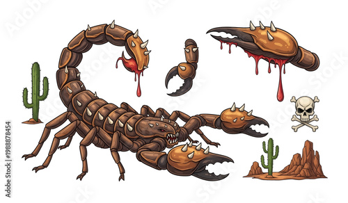 Collection of Scorpion with severed claw and blood.