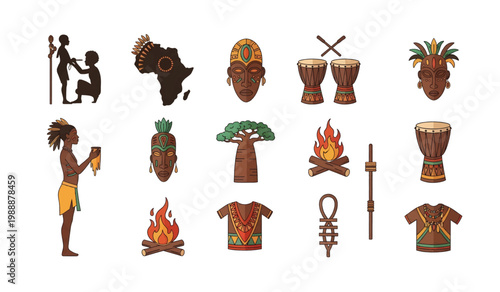 Collection of African tribal symbols and objects.