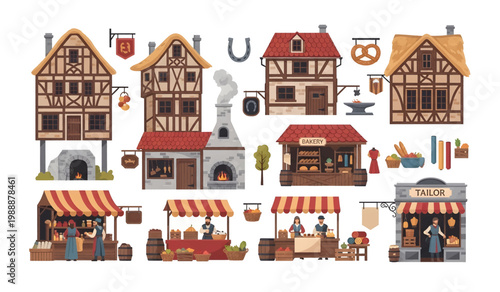 Collection of Colorful illustration of old buildings.