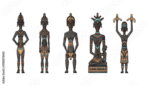 Collection of Five Ancient Bronze Tribal Statues.