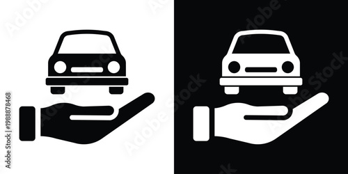 Silhouette of a car being held by a human hand. Professional vector icon symbolizing car care, roadside assistance, vehicle ownership support, and premium automotive services.