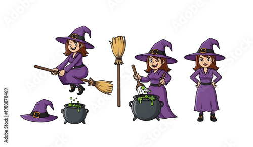 Collection of Cartoon witches in purple robes.