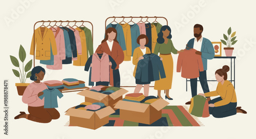 Diverse group of people sorting clothes for donation or a swap event.