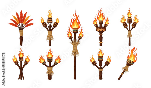 Collection of Colorful torches with bright flames burning.