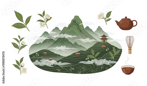 Tea Leaves Mountain Landscape Illustration.