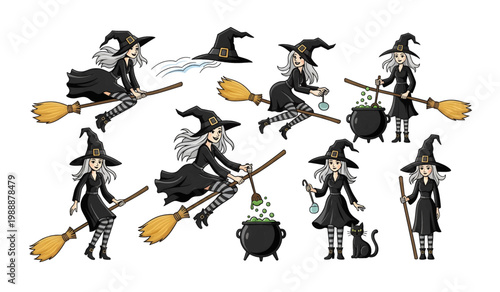 Collection of Witches in black dresses flying broomsticks.