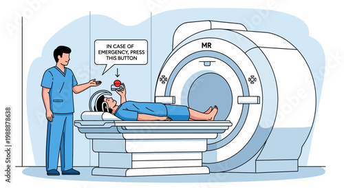 Patient undergoing MRI scan with emergency button and technician nearby