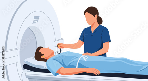 Patient undergoing MRI scan with technician adjusting equipment in medical clinic