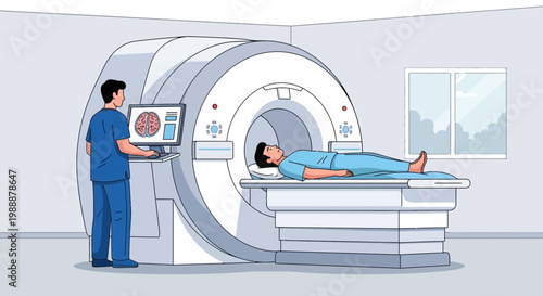 Patient undergoing MRI scan with technician monitoring brain imaging on screen