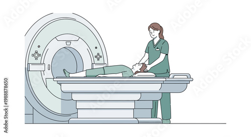Patient undergoing MRI scan with technician assisting in medical examination room