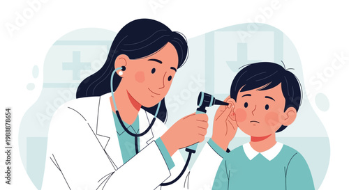 Pediatrician examines child's ear with otoscope in clinic, medical checkup illustration