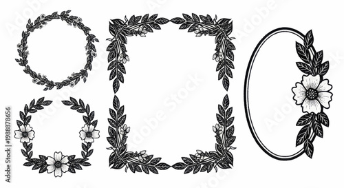 Elegant botanical frames and wreaths with intricate leaf designs.