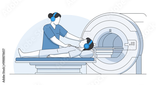 Patient undergoing MRI scan with technician providing support and headphones