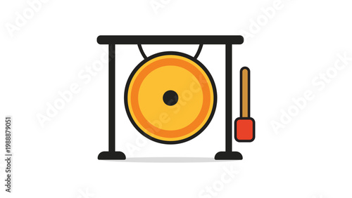 Traditional hanging gong with mallet vector illustration, modern flat icon design on white background, perfect for music, culture, ceremony, and meditation themes in digital and print media.