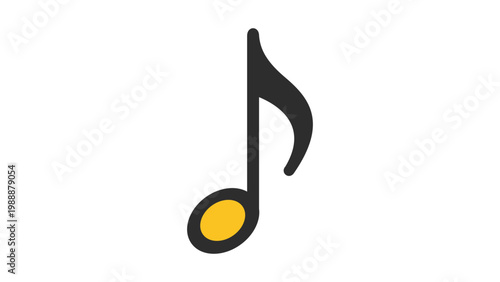 Modern flat vector icon of an eighth note music notation symbol with a yellow notehead and black stem, isolated on white. Scalable hand-traced illustration for creative musical design and media art.