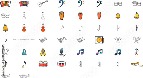 50 Musical Instrument and Notation Vector Icon Set Bundle with Editable Stroke. Minimalist Black Line and Flat Icons of Guitar, Drums, Trumpet, Flute, Cello, Notes, Metronome, and Music Symbols.
