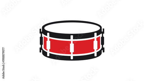 Snare Drum Modern Flat Vector Icon on White Background. Scalable illustration of a red and black percussion instrument for music, bands, and orchestral themes. Minimalist graphic design element.