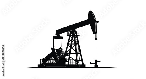 A stark silhouette of an oil pump also known as a nodding donkey against a white background