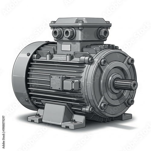 Industrial electric motor illustration, detailed view of a powerful grey motor with a polished shaft and robust casing, showcasing its intricate components for heavy-duty applications