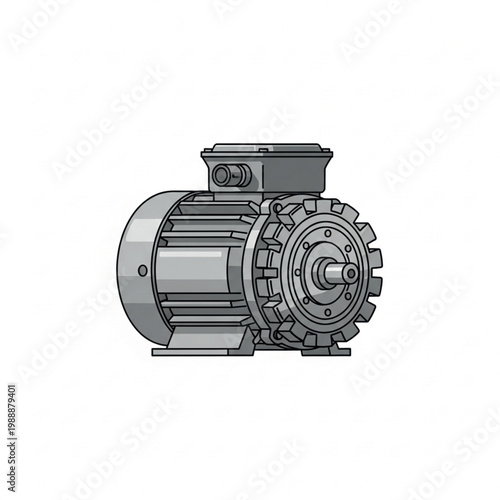 Grey electric motor vector illustration, industrial machinery component for power and automation systems, essential for manufacturing and production processes